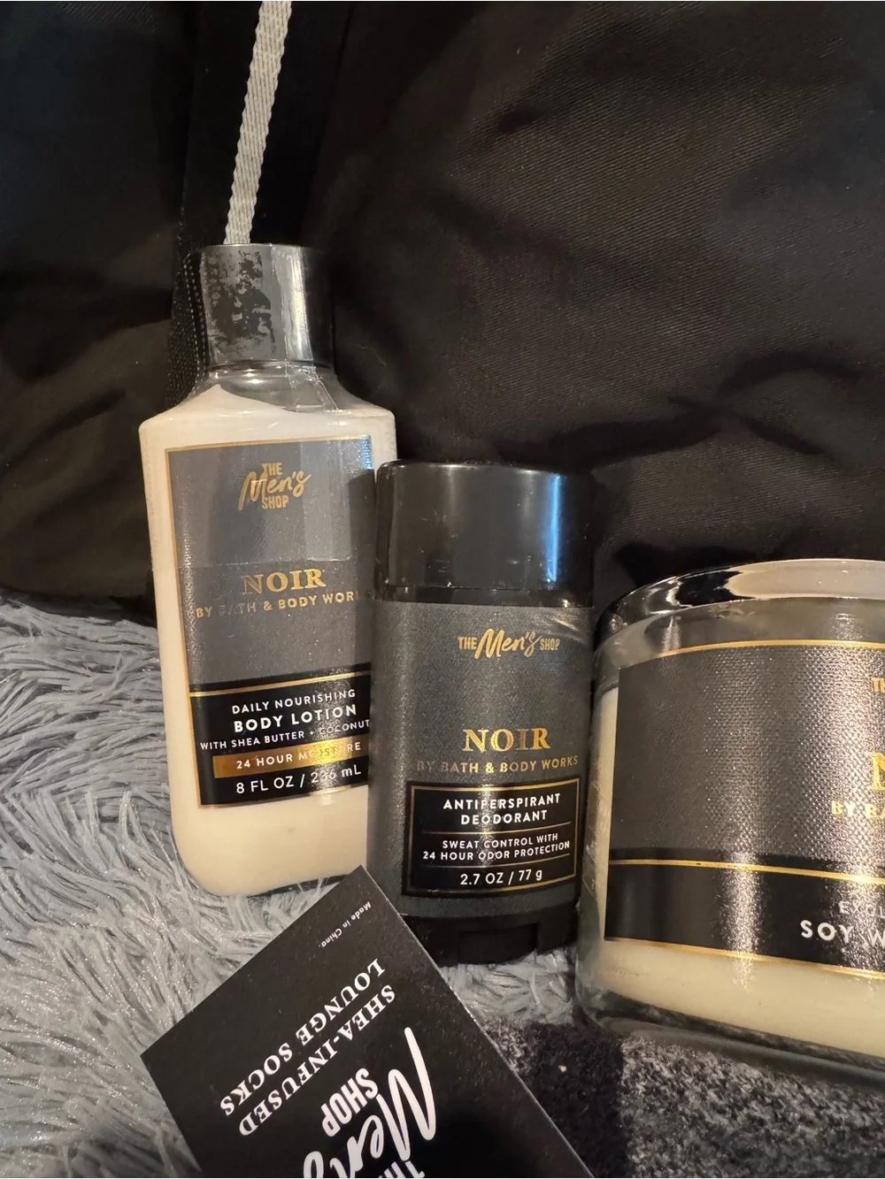 ALL NEW 7 Piece Men's Shop NOIR Duffle Bag Set Bath & Body Works 3 Wick Candle +